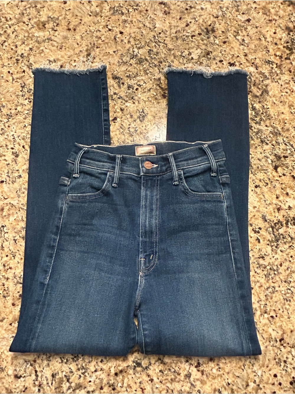MOTHER The Hustler Ankle Fray Jeans Womens 25 High Rise Skinny Raw Hem Dark Wash